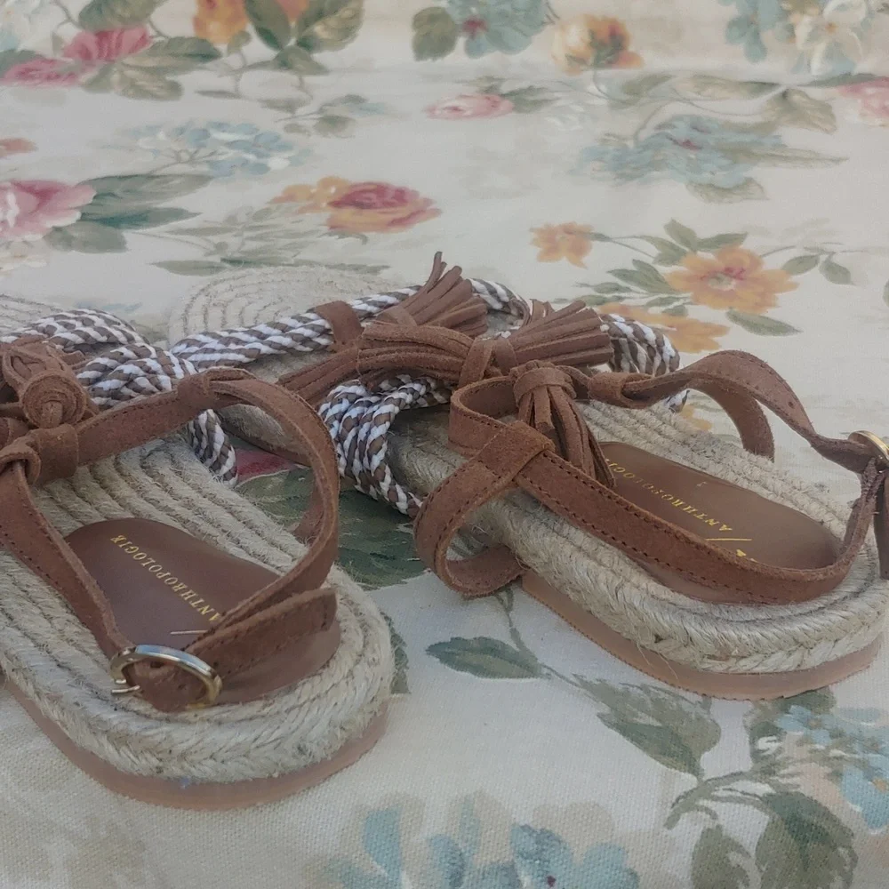 Anthropologie Brown Suede and Jute Rope Women's Sandals with Tassels size 8